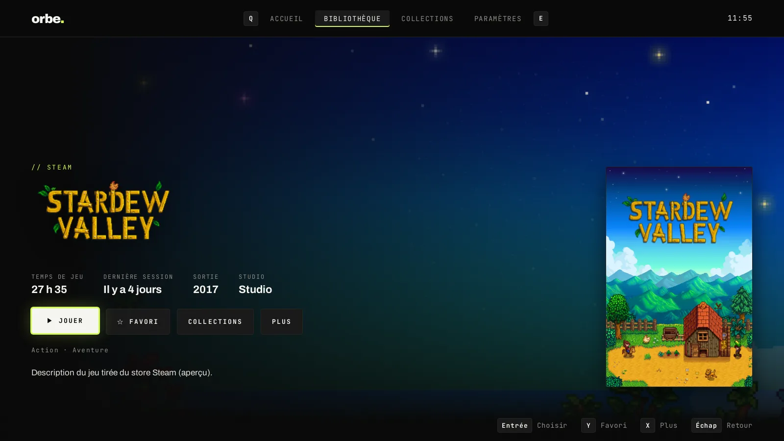 Fiche d'un jeu avec fond, logo et temps de jeu